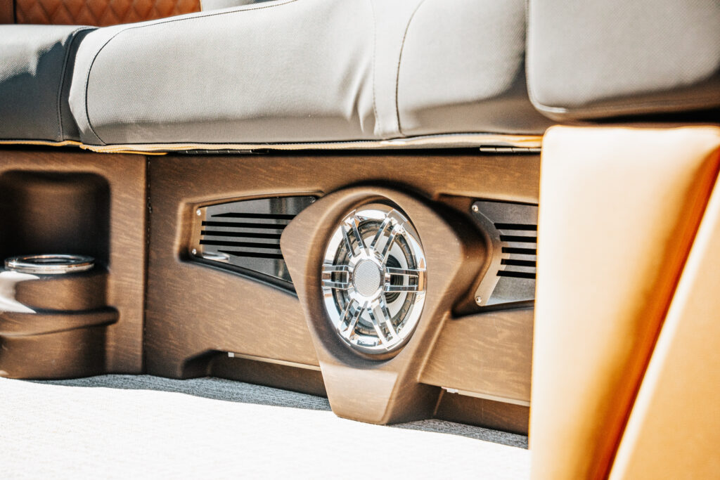 Avalon Catalina boat interior featuring high-performance sound system and luxurious upholstery details.