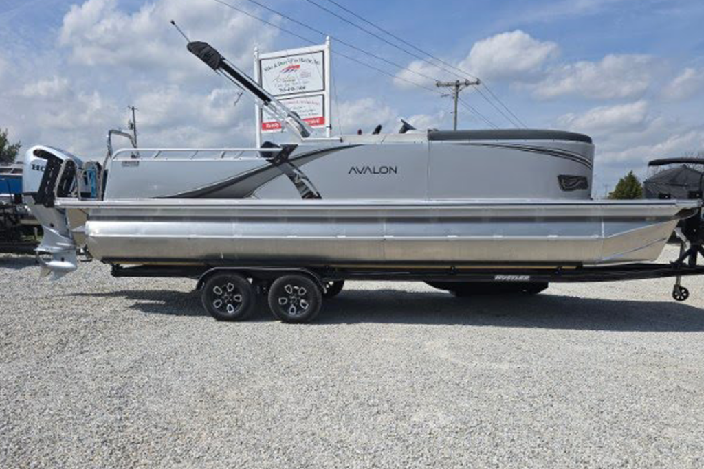 Silver Avalon LSZ pontoon boat with trailer and Honda motor, available at Mike & Dave's Pro Marine.